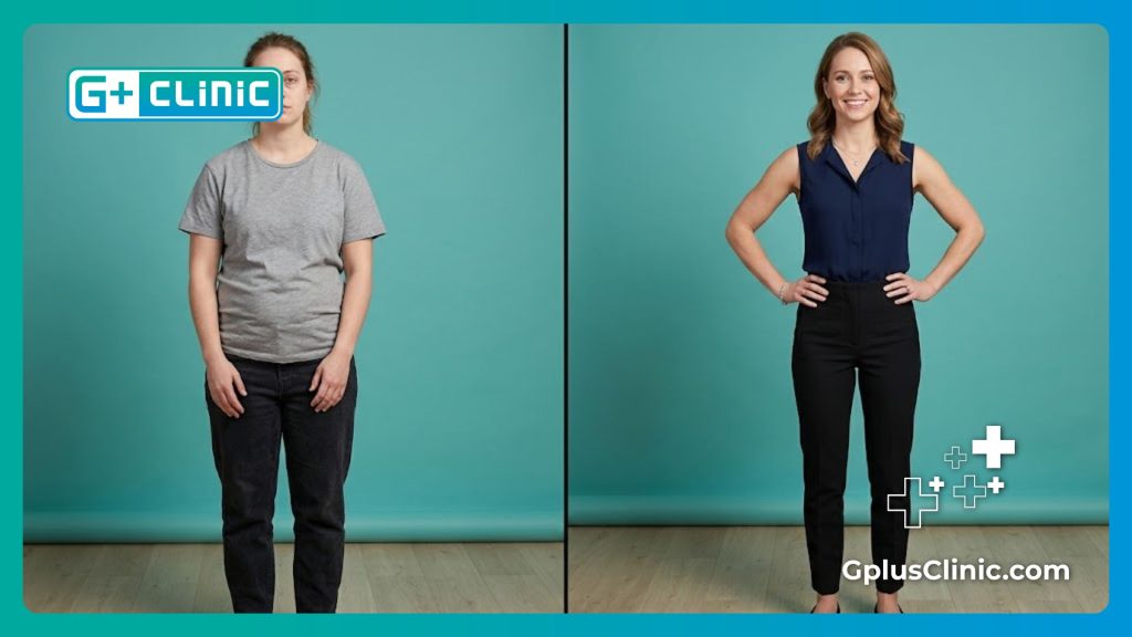 Pantalla dividida que muestra el antes y el después de la remodelación del abdomen.