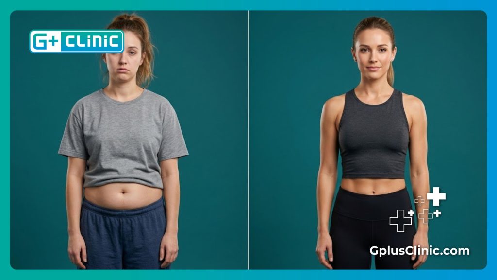 Split screen comparison showing dramatic transformation of the lower abdomen.