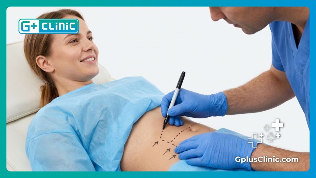 Doctor marking the lower abdomen with precision guidelines before surgery.