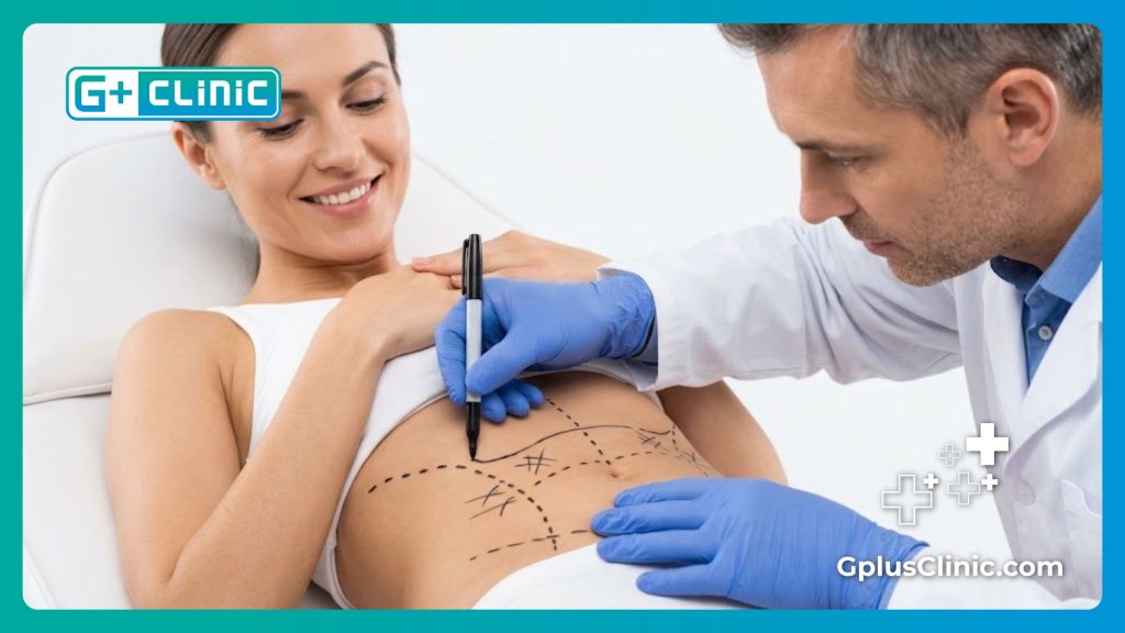 دكتور تجميل يقوم بتحديد مناطق الجسم بدقة للتحضير.