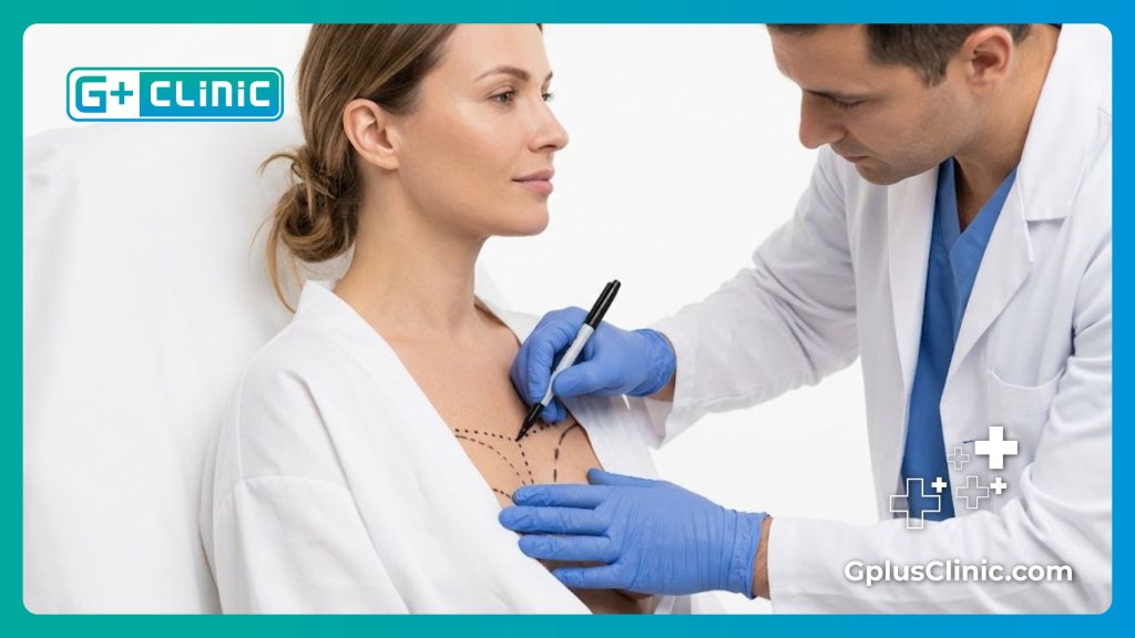 Marcaje quirúrgico de precisión en el área pectoral antes del procedimiento.