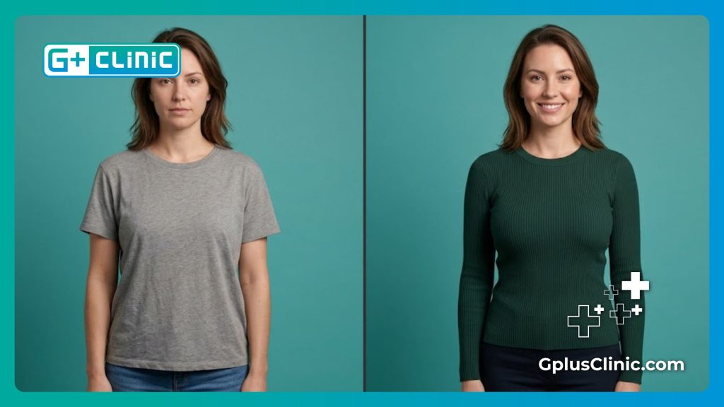 Simulación y comparación de resultados antes y después del aumento de pecho con silicona.