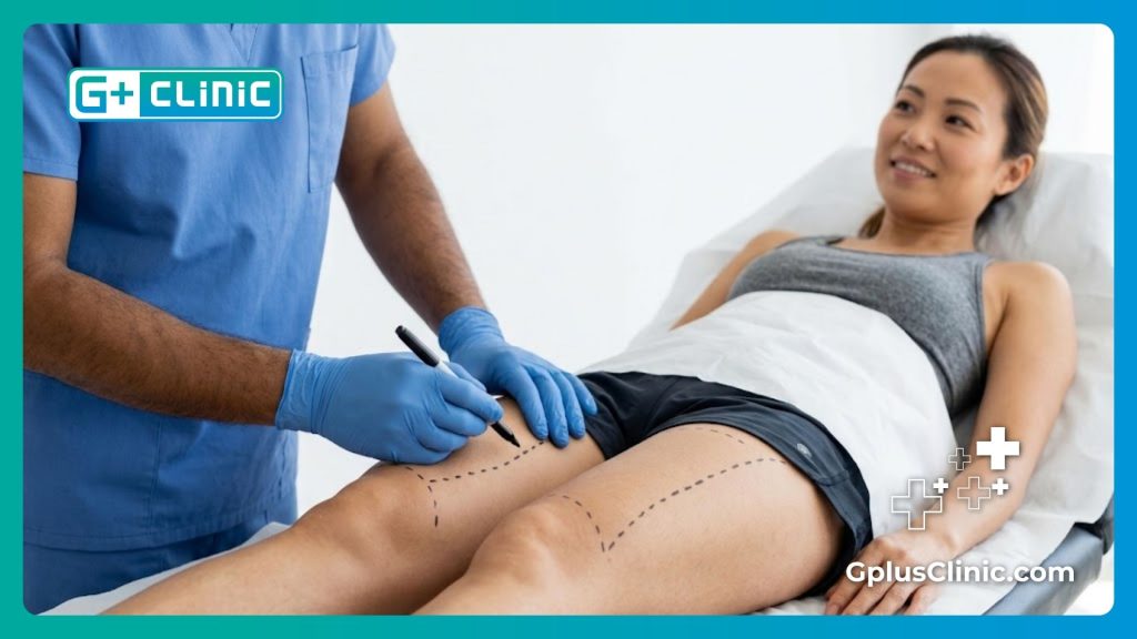 طبيب تجميل يضع علامات التخطيط الدقيقة قبل عملية شد وتجميل الفخذين.