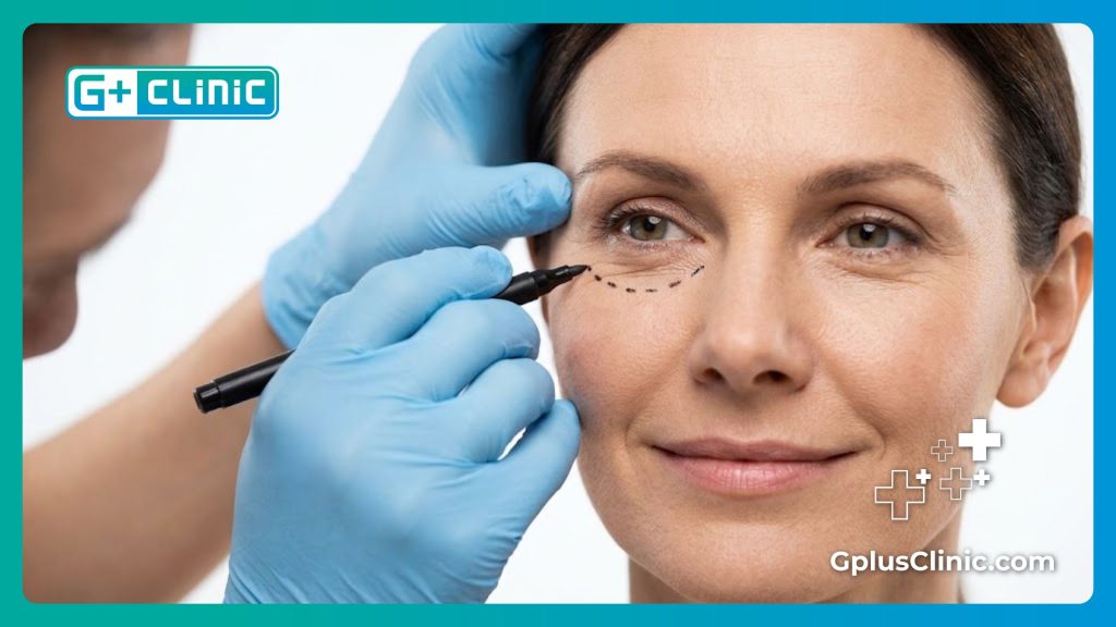 Marquage chirurgical de précision sur la paupière inférieure avant l'intervention esthétique
