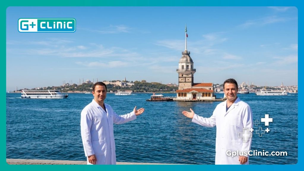 Médecin esthétique accueillant un patient à Istanbul devant la tour de Léandre et le Bosphore