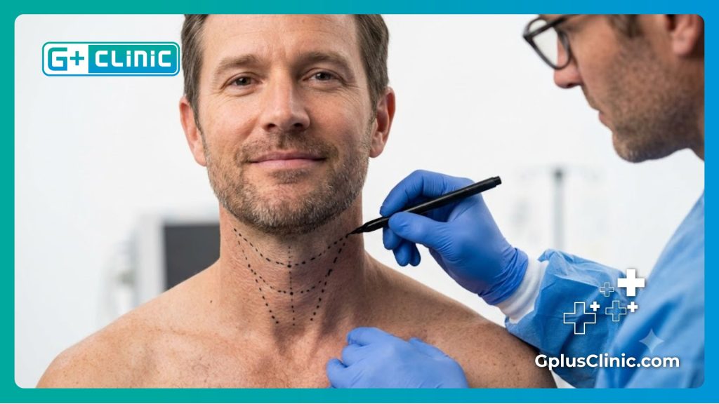 صورة مقربة توضح التخطيط الدقيق لمنطقة الحنجرة قبل إجراء عملية تجميل الصوت.