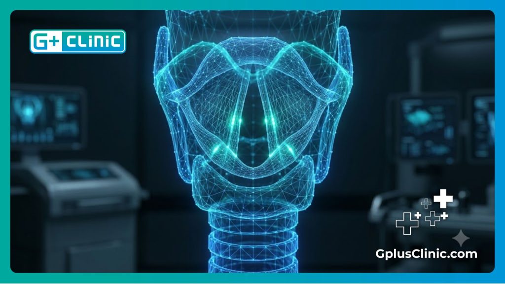 مسح رقمي ثلاثي الأبعاد يوضح تشريح الحبال الصوتية بدقة عالية.