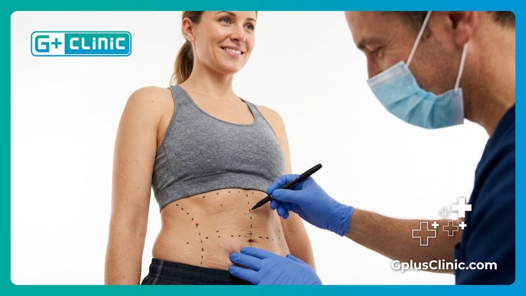 Cirujano plástico dibujando marcas quirúrgicas precisas en el abdomen.