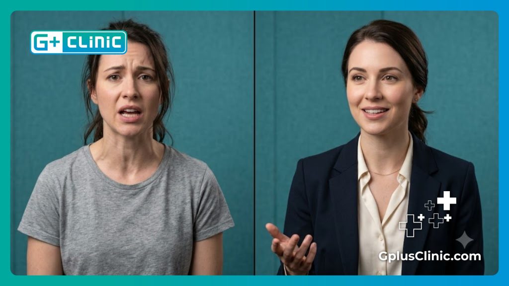 Split screen showing the physical ease of a softer voice
