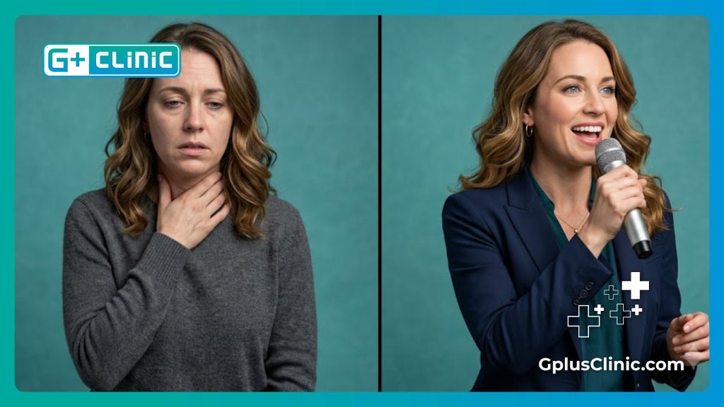 Before and after transformation of a voice therapy patient
