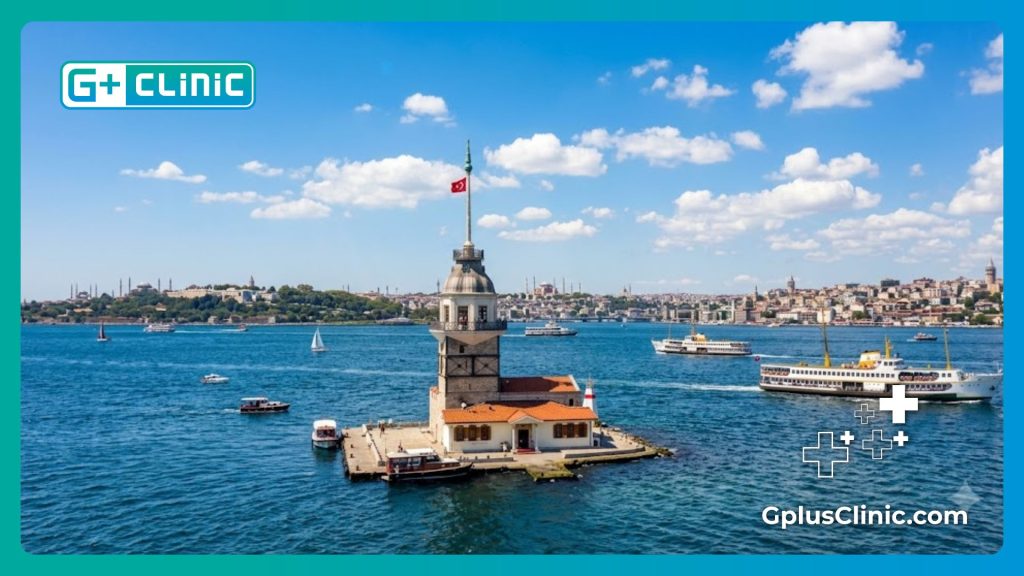 Friendly doctor welcoming the patient to Istanbul with the Bosphorus in the background