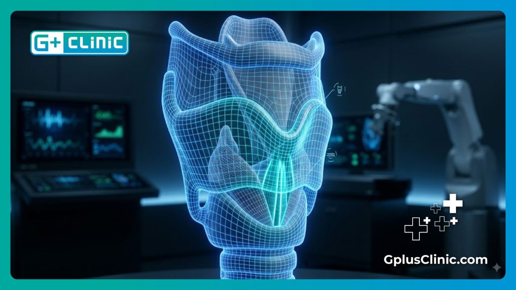 High-tech digital mesh visualization of the larynx and vocal cords.