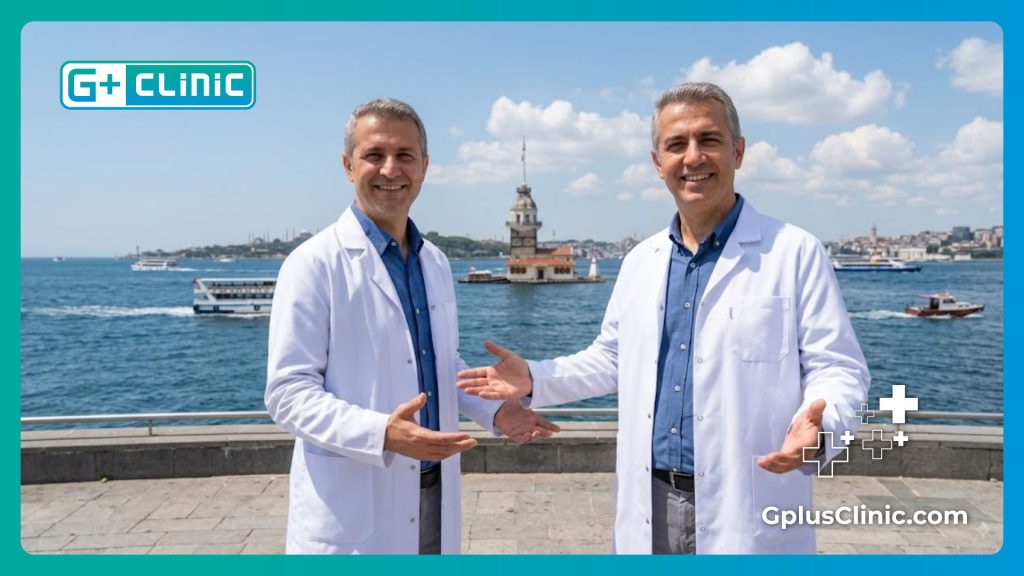 Smiling doctor welcoming a patient to Istanbul with the Bosphorus in the background.