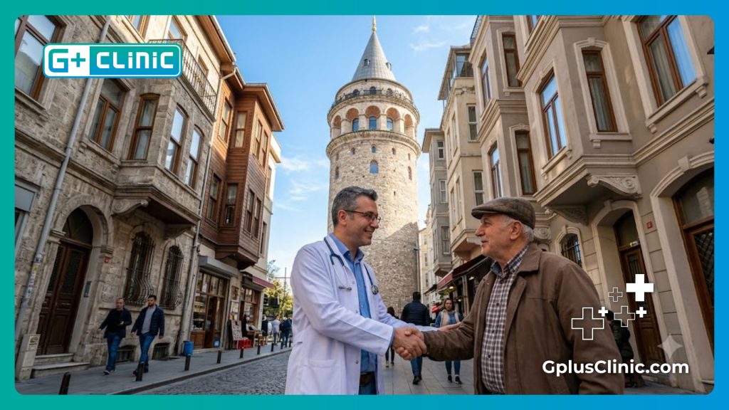 Médecin accueillant un patient à Istanbul près de la tour de Galata.