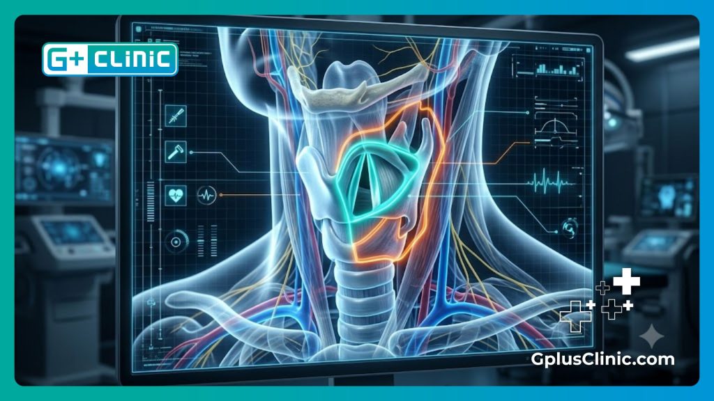 Vue anatomique numérique haute technologie de la zone des cordes vocales et du larynx.