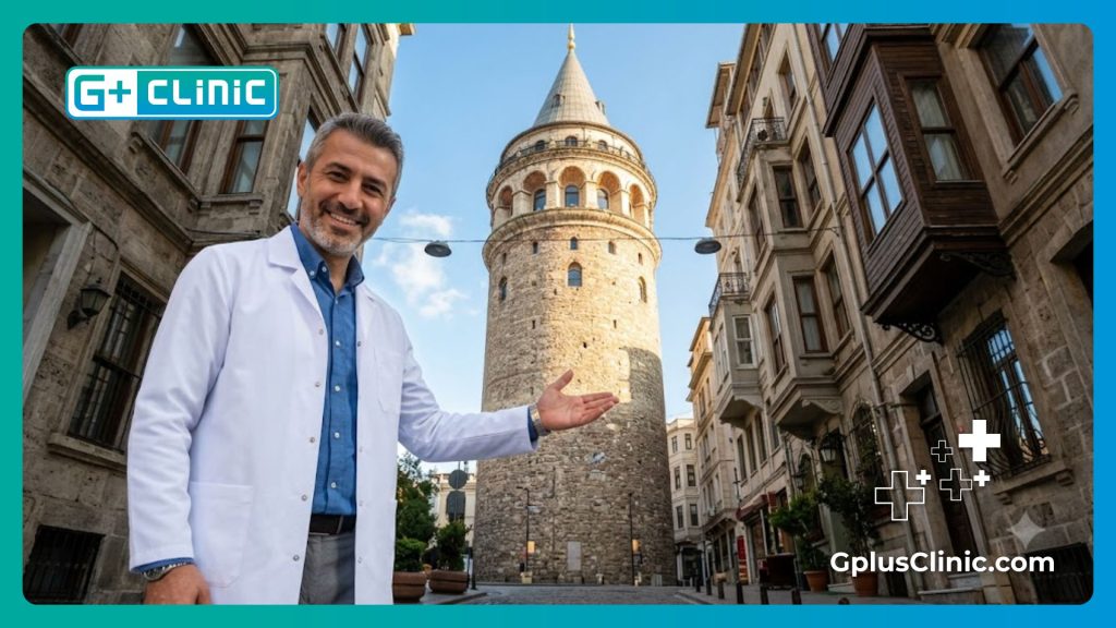 Médecin accueillant des patients à Istanbul avec la tour de Galata en arrière-plan.