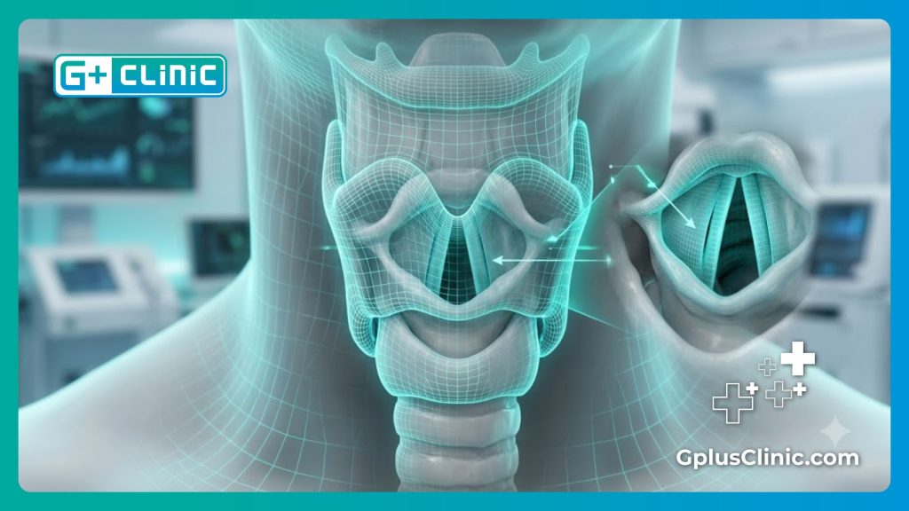 Detailed digital anatomical visualization of the vocal cords and larynx region.