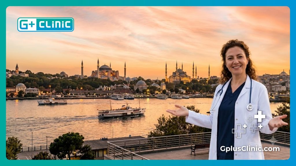 Welcoming doctor in Istanbul showcasing world-class medical tourism background.