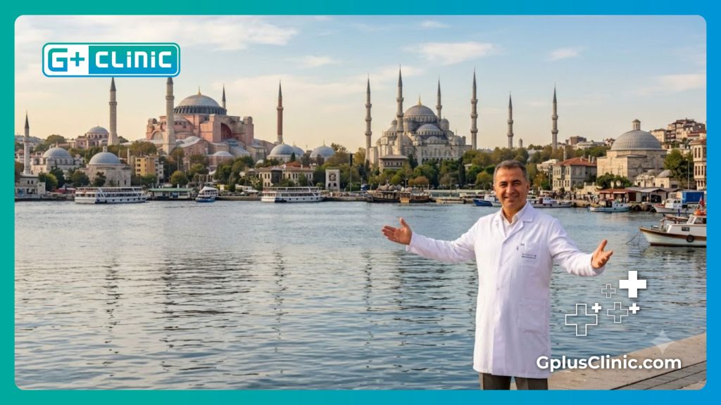Médico dando la bienvenida en Estambul frente al Cuerno de Oro