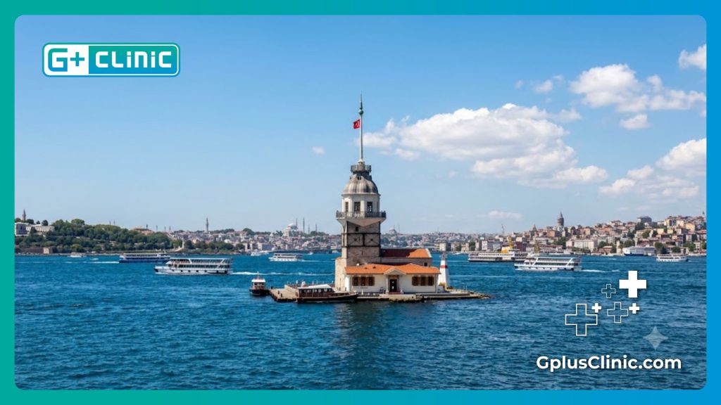 Professional doctor welcoming a patient to Istanbul with the Bosphorus in the background